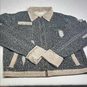 POL Leopard-Print Zip Jacket with Taupe Corduroy Trim